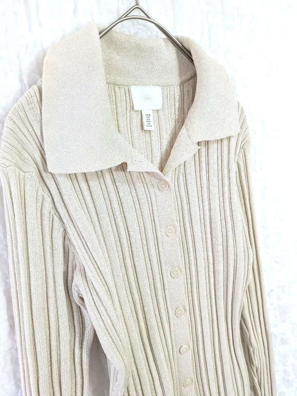 H&M Cream Ribbed Button-Front Collared Cardigan - Picture 2 of 6